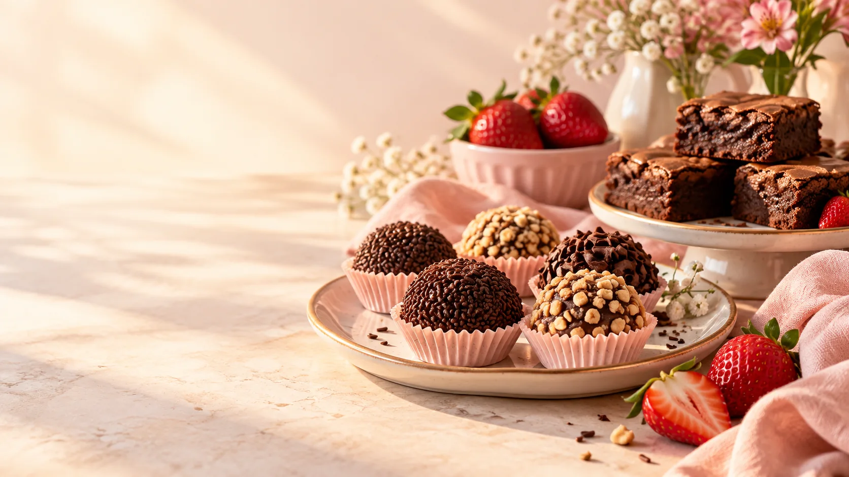Brigadeiros, brownies e morangos em uma mesa delicada