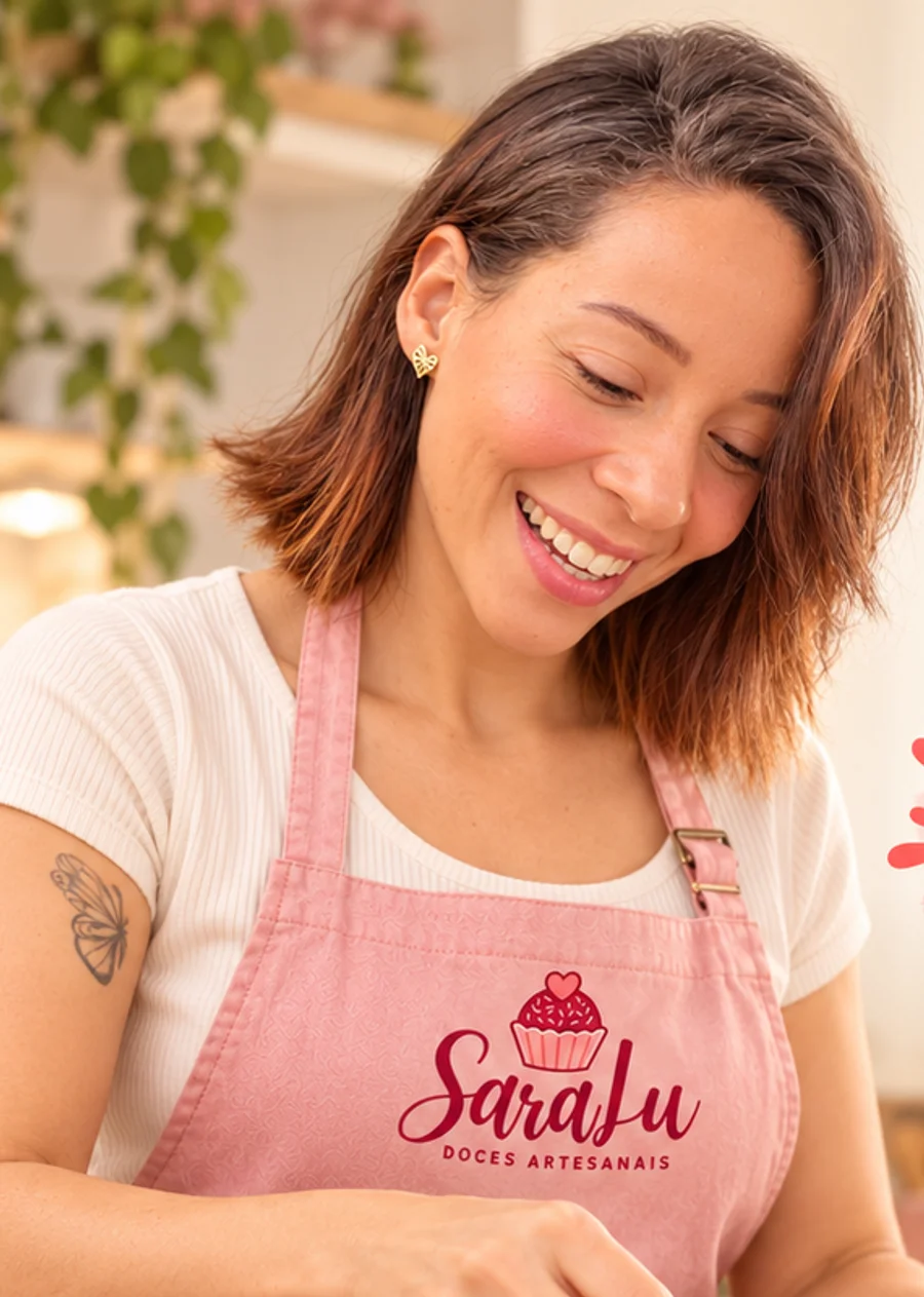Arte de campanha da SaraLu mostrando o preparo de brigadeiros